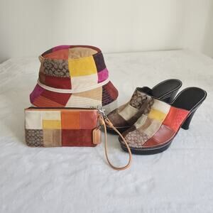 Vintage Y2k Coach Patchwork Set Shoes 8 Mules Heels Bucket Hat Wallet Wristlet